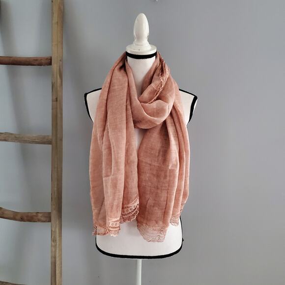 Large Pink Sheer Lightweight Lace Scalloped Edged Scarf - Picture 3 of 7